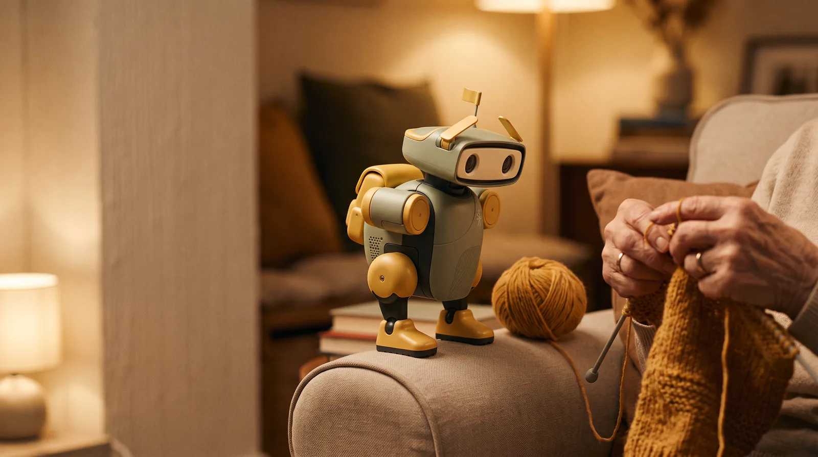 Morian Duck sitting calmly beside a person knitting in a warm lamp-lit living room